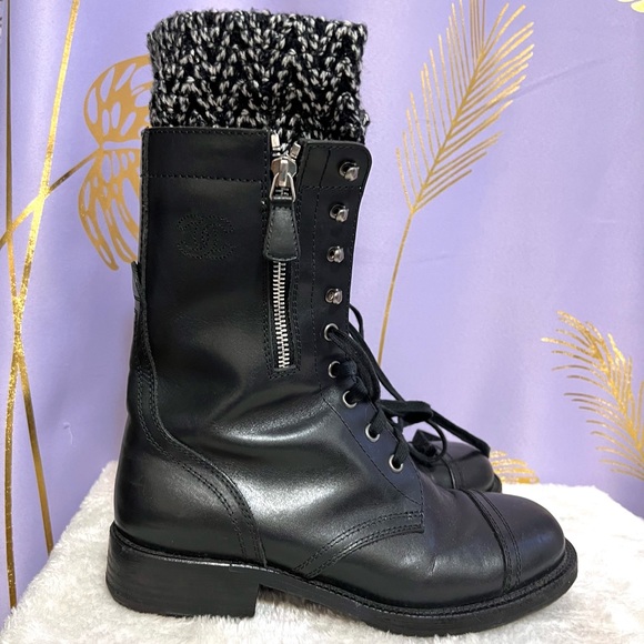 Chanel black leather combat boots with sock detail - Picture 11 of 11